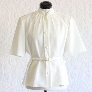 Vintage White Mandarin Collar Button Up Short Sleeve Belted Waist Blouse